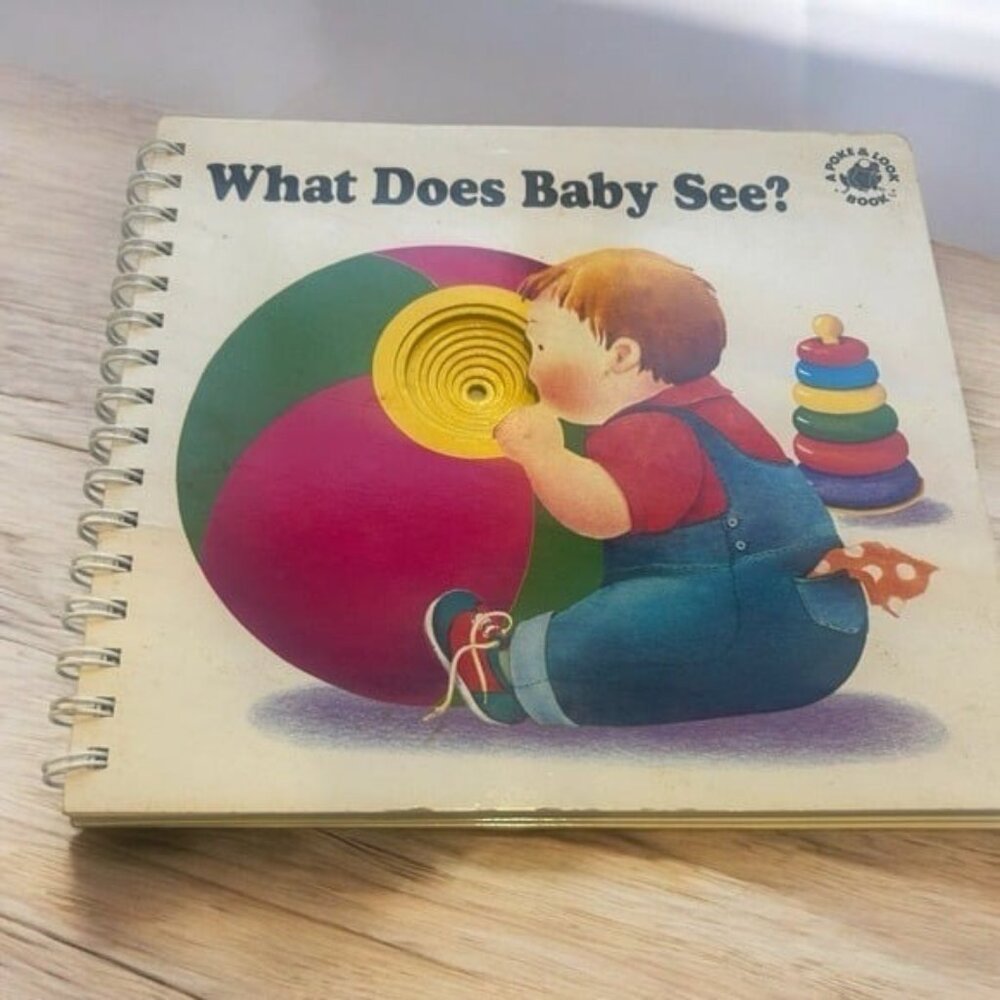 RARE Vintage Spiral-bound sensory board book, What does baby see, 1988 HTF